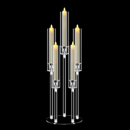 MSDADA 5-Armiger Acryl Kerzenständer Kronleuchter 68 cm Höhe, Hoher Klarer Kerzenhalter für Hochzeit Weihnachten Tischdeko, Kamin Party Deko, für 2 cm LED Kerzen