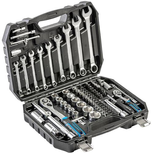 Högert Technik Werkzeugsatz 85-tlg., Steckschlüssel- und Bitsatz | 1/4 & 1/2, CRV-Stahl, Ratschen 72T, Gabel-Ring-Schlüssel, DIN 3124, im Stahlkoffer