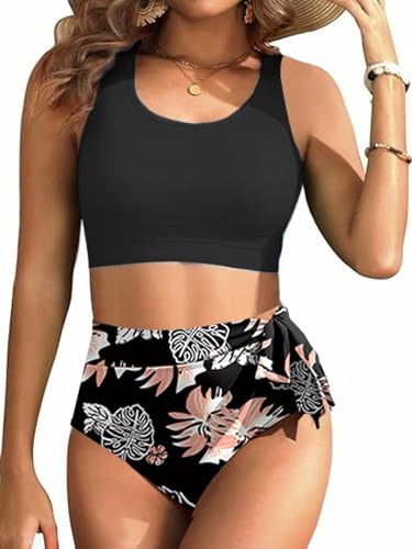 Rayson Costume da Bagno Donna Bikini Due Pezzi Vita Alta Sexy Costumi da Bagno con Nodo Laterale Beachwear Sportivo(Fiori Neri,M)