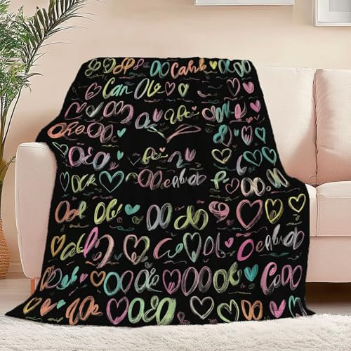 Decke Weich Flanell Plüsch Fleece Wohndecke Einfache Buchstaben Herzform Muster Überwurf Decke, Leichte Gemütliche Plüschdecke Schwarz für Schlafzimmer Wohnzimmer Sofa Tagesdecke 180 x 220 cm