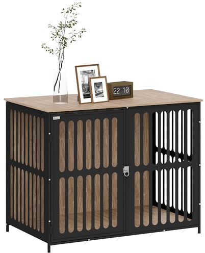 PawHut Dog Crate Furniture, Dog Cage Side End Table Indoor with Anti-Chew Resistant Mesh, Anti-Escape Door, for Large Pet, 100 x 60 x 81.5 cm, Walnut Brown