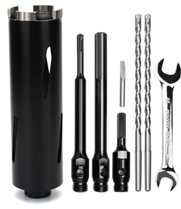 Corona de perforación de 52 mm, longitud útil 200 mm con vástago SD Plus 220 mm, Sds max 220 mm, vástago hexagonal 110 mm, broca centradora 10 x 240 mm, para mampostería