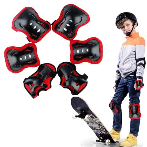Knieschoner Kinder,6pcs Kinder Inliner Schoner Set,Knieschützer Ellenbogenschoner Handgelenkschoner,Schlittschuhe Kinder,Protektorenset für Inliner Skaten Roller Skateboard Rollschuhe,Schwarz Rot