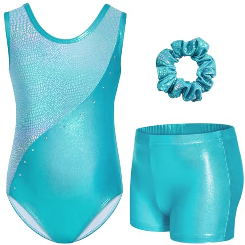Gogokids flicka tredelat gymnastikset med shorts, barn ärmlös gymnastikdräkt med smyckesstenar, gnistrande flicka gymnastik, sportiga danskläder för barn i 3–12 år, Grön, 150(140-150 cm,11-12Y)