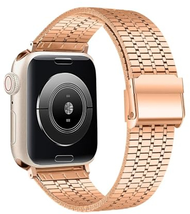 GANYUU Stainless Steel Strap For Apple Watch Band Ultra 2 49mm 44mm 45mm 41mm 42mm 40mm S10 46mm 42mm Metal Bracelet For Iwatch Series 10 9 8 7 6 SE 5 4 Watchbands(Rose gold,S10 42mm)