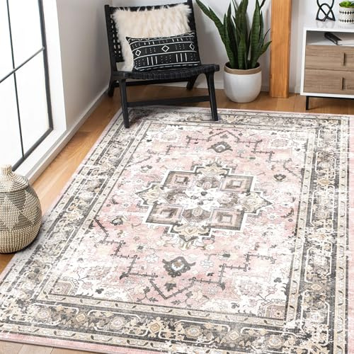 XSIVOD Vintage Non Slip Washable Area Rugs Living room, 90x150cm, Pink | Soft Low Pile Oriental Rugs, Rubber Backing, Stain & Fade Resistant, Floor Carpet for Bedroom Living Room Entryway Kitchen