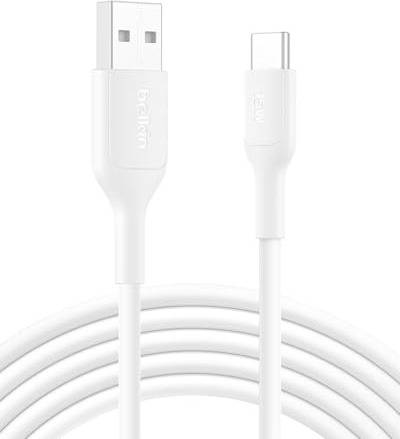 Belkin Eco Braided USB-A to USB-C Cable (9.9ft, 15W) - Soft, Flexible Fast-Charging Cable, Type C Charger Cord for iPhone 16 & 15 Series, Galaxy S25, Pixel 9, iPad Pro, & More - White (USB 2.0)