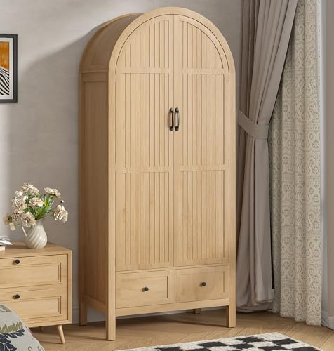 Lxsxlome Wardrobe Closet, Modern Armoire Wardrobe Closet with Drawers and 2 Arched Fluted Doors, 70.87‘’ Tall Wooden Bedroom Armoires with Shelves and Hanging Rod (1, Wood Color)