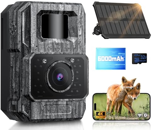 MAXDONE 4K 64MP Solar Wildlife Camera with Night Vision for Garden | WiFi Bluetooth Trail Camera with Night Vision, 6000mAh & 32GB SD Card, 0.1s Trigger Garden Cameras for Yard Monitoring IP66