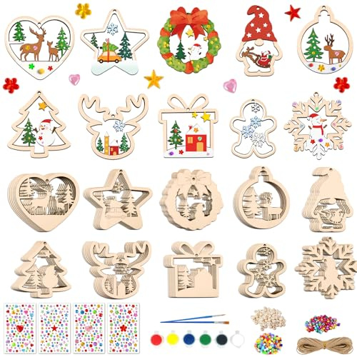 Happirra Weihnachten Bastelset Kinder DIY Holzanhänger 60 Stück mit 10 Motiven, Weihnachtsanhänger Basteln ab 4 5 6 7 8 9 Jahre, Weihnachtsbasteln mit Kindern, Holz Weihnachtsdeko für Weihnachtsbaum