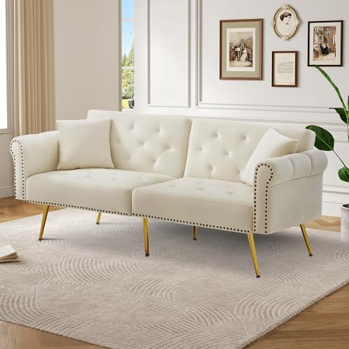LANTRO JS Heimsofa, Klappsofa mit Unabhängig Verstellbare Doppel Rückenlehne, Platzsparend Kleine Couch mit Schlaffunktion Ideal für Kleine Räume, Beige