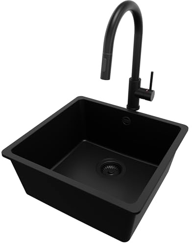 PRIMAGRAN Lavandino sottotop al Mobile 50cm + Rubinetto, 46x44cm | Set: Rubinetto BW9010 + Kit di scarico + Lavello in Granito a 1 Vasca - Venezia Easy, Tutto Nero