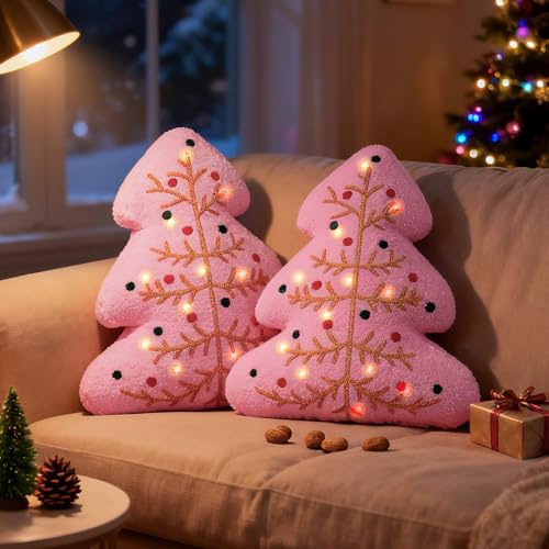 Lanpn 2 Stück LED Weihnachtsbaum Kissen Weihnachtskissen, Weihnachts Kissen Dekokissen Flauschiges Zierkissen für Geschenk Party Bett Sofa Couch Weihnachtsdeko (Rosa, 43x48,5cm)