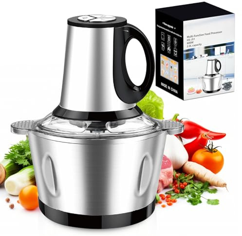 Hachoir électrique 600 W, bol en acier inoxydable de 2 l, 3 vitesses, pour la viande, les légumes, l'ail, les noix