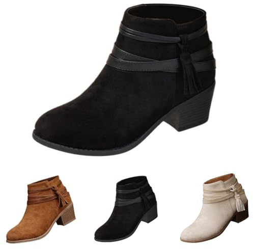 MJGkhiy Botas Texanas Mujer Bajas Chelsea Bota Ante Invernales Camperos Botines Con Tacón Bloque Marrones Western Botín con Cremallera Negro Cowboy Boots Ankle, Negro , 42 EU