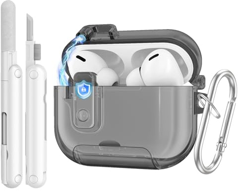 TiMOVO Custodia per AirPods Pro 3(2025) con Chiusura di Sicurezza,Cover Trasparente per Apple AirPod Pro 3a Generazione con Funzione Supporto per Telefono,Kit di Pulizia e Portachiavi,Trasparente Nero