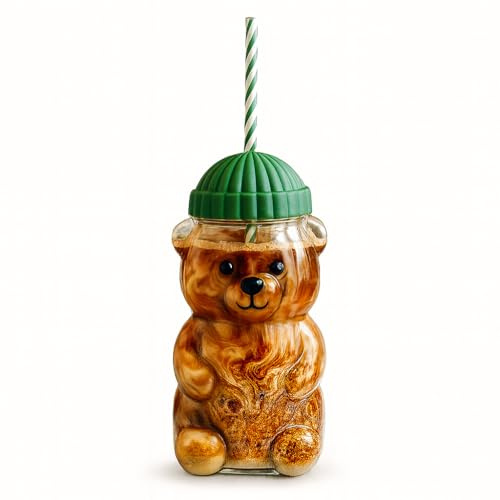 Express Brands Direct Bear Glass Mug with Beanie, 20oz Cold Coffee Cup Green Straw Hot or Cold Borosilicate Glass 600ml Tumbler Mug, Holds Temperatures up to 500 Degrees,