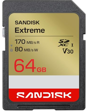 SANDISK Extreme SD UHS-I-Karte 64 GB (bis zu 170 MB/s Lesegeschwindigkeit und 80 MB/s Schreibgeschwindigkeit, 4K-UHD-Video, U3, V30) SANDISK Memory Zone App