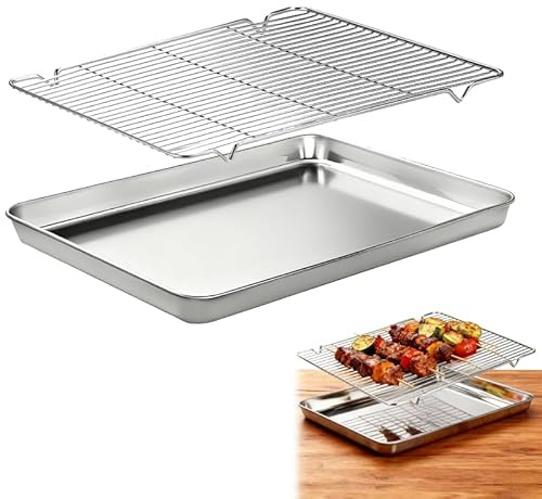 Bandeja de horno con rejilla de enfriamiento, bandeja rectangular de acero inoxidable, bandeja para tartas, apta para lavavajillas, 27 × 20 × 2 cm, para hornear, asar y enfriar