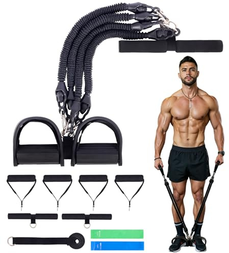 Sit-Up Trainingsgeräte, 45kg Bauchtrainer mit Gummigriffen und 6 Tubes Elastische Zugseil, Einstellbarer Widerstandsband Set Multifunktionstrainer Fitnessgerät für Zuhause (Schwarz)
