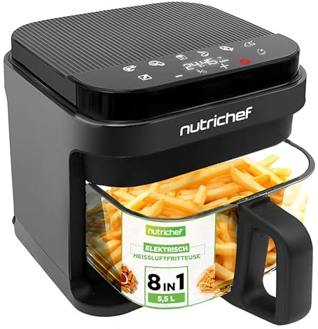 NutriChef Freidora de aire caliente de 5,5 L, color negro, 8 en 1, con recipiente de cristal y pantalla táctil LED, para freír sin aceite, circulación de aire caliente de 360°, para patatas, pollo