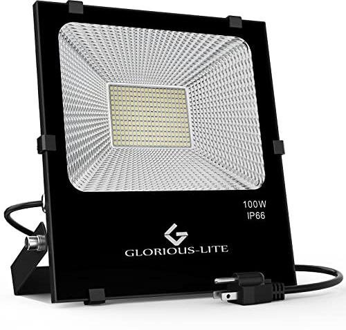 GLORIOUS-LITE 100W Flood Lights Outdoor, 8000 Lumen LED Floodlight Plug in for Outside Yard, IP66 Waterproof 6500K Bright Exterior Work Light for Garden, Garage, Equiv 500W Halogen Work Lights