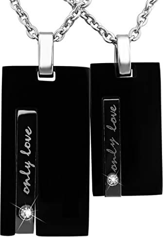 Hanessa Personalisierte Kette mit Gravur Edelstahl 50 cm mit Anhänger Rechteck Only Love in silber schwarz - Personalisierte Halskette für Frauen Männer - Personalisierter Schmuck Damen Herren