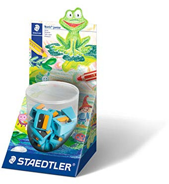 STAEDTLER Spitzer Buddy, kindgerecht, extra dick, besonders geeignet für Buntstifte mit ca. 14 mm Durchmesser, Klingenschutz und Fingerschutz für maximale Sicherheit, Türkis-Sonnengelb, 514 10KP10