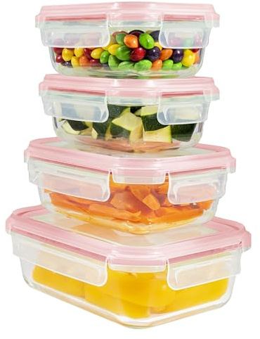Home Fleek Frischhaltedosen Mit Deckel – Luftdichte Behälter Für Lebensmittel, Glas Schüssel Mit Deckel Set Sicher Für Mikrowelle Und Gefrierschrank | Meal Prep Boxen Glas (4 Behälter, Rot)