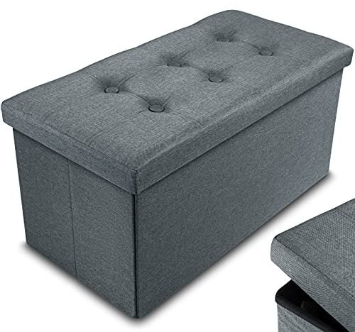 Nyxi Foldable Ottoman Storage Box,76x38x38cm, 80L Capacity, Multi-Purpose 2-Seater, Foot Stool, Storage Organizer with Lid for Kids Toys, Bedroom, Hallway, Living Room, Dark Grey Fine Fabric
