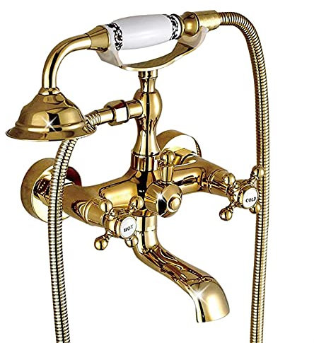 Gx Grifo Bañera con Alcachofa De Mano Latón Color Oro Mezclador De Bañera Montaje En Pared, Incluye Soporte Y Manguera De 150 Cm, Dos Asas Grifo De Ducha, Antiguo