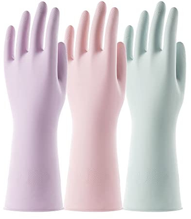 COOLJOB 3 Pairs Colorful Household Gloves with Flocked Lining & Non-slip Grip, Water Resistant Reusable Dish Washing Rubber Gloves for Kitchen & Bathroom Cleaning, Large