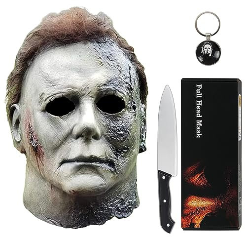 Michael Myers Mask for Adults, Halloween Mask Micheal Myers Face - Halloween Kills 2021, Full Head Mask Halloween Horror Face Headgear Latex Rubber with Hair, Includes Knife and Keychain (BK-2021)