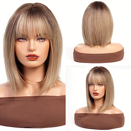 HAIRCUBE Brown Mixed Blonde Bob Perücken für Frauen Schulterlange Kunsthaarperücke mit Bangs