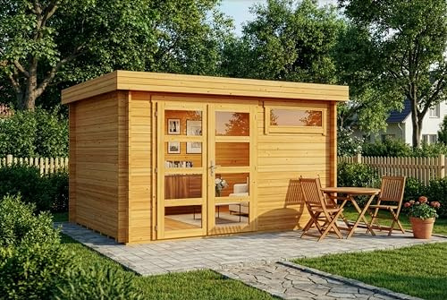 Gartenhaus Leandro-28 mit Fußboden aus Holz, Gerätehaus 394x268, 8,64 m², 28 mm Wandstärke, Holzhaus in Blockbohlen-Bauweise inkl. Fenster und Leimholztür