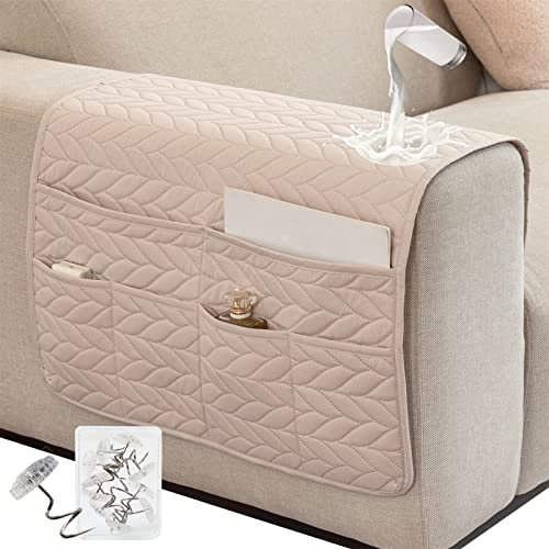 SHUOJIA Funda Protectora para reposabrazos de sillón,Organizador de Almacenamiento Antideslizante Impermeable para reposabrazos de sofá con 6 Bolsillos,para Control Remoto de TV (Beige)