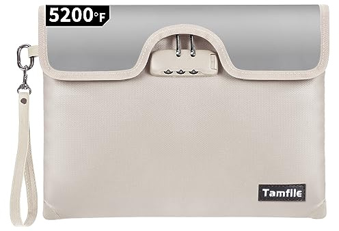Tamfile Feuerfeste Geldtasche mit Schloss, Reißverschluss für Dokumente, 8 Schichten, Feuerisolierung, sichere Aufbewahrungstasche für Bargeld, Reisepass, Zertifikat (25,4 x 33 cm, Beige)