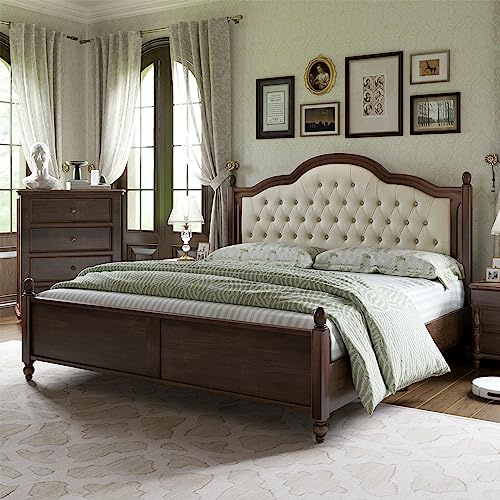 AMERLIFE Solid Wood Bed Frame Queen Size, Transitional Platform Bed with 52.5 Upholstered Tufted Headboard, Rubberwood/Roman Column Accents/Wood Slat Support/No Box Spring Needed