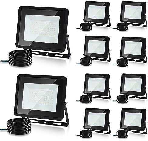 Herrselsam 100W LED Strahler Außen, 10 Stücke8500LM Superhell Fluter IP66 Wasserdicht, 3000K Warmweiß LED Scheinwerfer, LED Außenleuchte für Innen&Außen(kein Stecker)