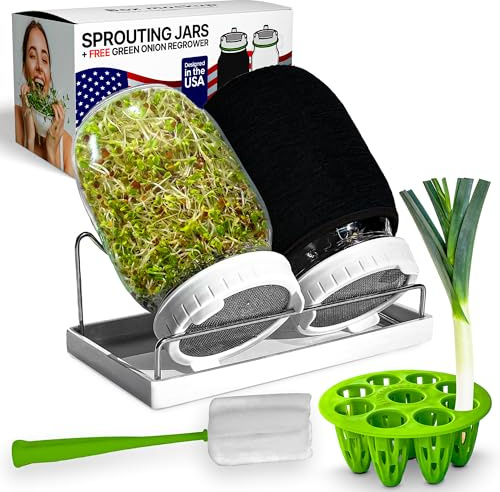 Premium Seed Sprouting Kit & Green Onion Regrower – 2 Wide-Mouth Mason Jars with Sprout Lids, Stainless Stand, Drain Tray, Blackout Sleeves & Cleaning Brush for Broccoli, Alfalfa & Mung Beans