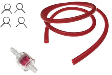 Benzinschlauch Klemme Benzinfilter Set Rot passend für Roller, Mofa, Moped, Mokick – 5x8mm Schlauch 100 cm – inkl. Benzinfilter transparent & 4 Federklemmen – universell & langlebig