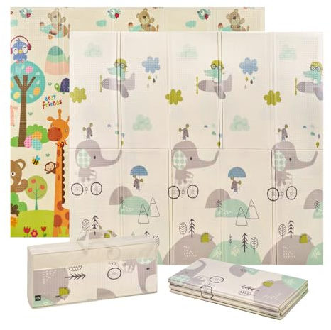 MS Trendy - Tappeto da gioco per bambini, 180 x 200 cm, doppio lato, tappetino molto imbottito (1 cm spesso), pieghevole e con borsa per il trasporto, Elefante/Giungla