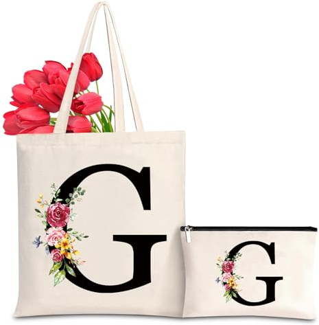 Baumwolltasche personalisiert mit Namen, Frauen Initialen Einkaufstasche Geschenk Tragetasche und Kosmetiktasche für Damen Freundin Mama Geburtstag, Hochzeit, Valentinstag, Muttertag Tasche(G)