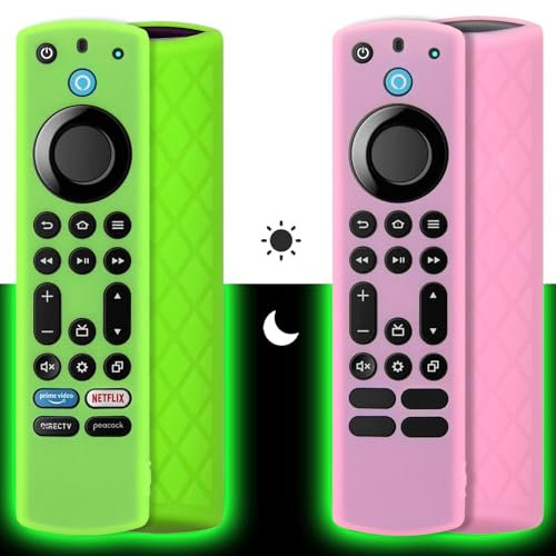 Pinowu Silicona Estuche Remoto (2 Piezas) Compatible con Fire TV Stick 4K MAX (2º) / Toshiba/Insignia/Pioneer Alexa Voice Remote Mejorado con cordón (Verde, Rosa, Brillan)