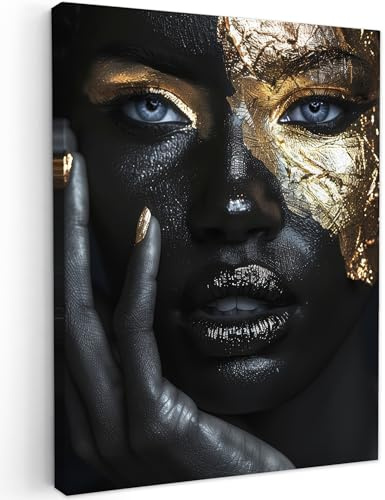 MuchoWow© Bilder Wohnzimmer Deko Modern Wandbild Foto auf Leinwand Bild | 30x40 cm - Schlafzimmer über Bett Room Decor Geschenke Frau - Gold - Porträt - Schwarz-Weiß - Luxus