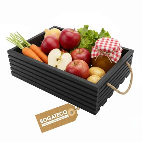 BOGATECO Holzkiste Natur | 50 cm x 35 cm x 14,5 cm | Holzbox | Deko Holzkisten | Obstkiste | Gemüsekiste | Holzkiste zur Aufbewahrung | Aufbewahrungsbox Kiste Holz Geschenk Deko Weinkiste | Black