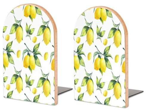 Große Buchstützen aus Holz mit Zitronenfruchtblättern, für Regale, 2 Stück, rutschfeste Buchstützen für schwere Bücher, Buchstopper, Halter für Küche, Büro, Bibliothek, 17 x 11,9 x 9,9 cm