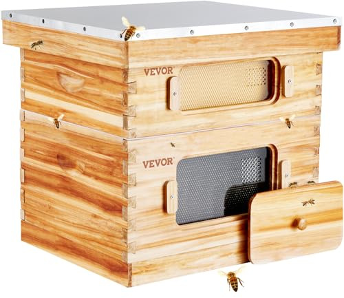 VEVOR Bienenstock, 20 Rahmen, Bienenbeute Zander, mit Bienenwachs beschichtetes Tannenholz, 1 tiefer + 1 mittlerer Bienenkasten, Langstroth-Bienenstock-Set, transparente Acrylfenster mit Fundamenten