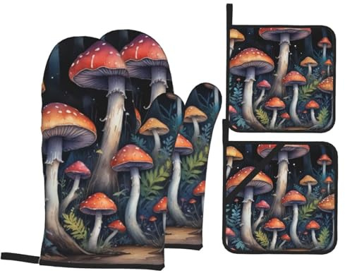 4 Pcs Mushrooms Oven Mitts and Potholders,Kitchen Oven Glove with Pot Holders,Non-Slip Gloves High Heat Resistant 500 Degree for BBQ, Grill, Baking, Cooking, Oven, Microwave