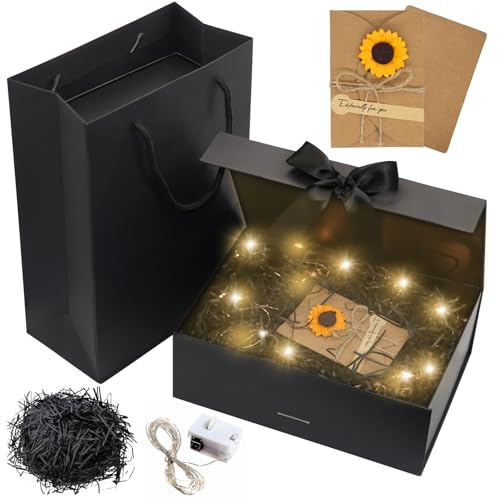 Idota Geschenkbox mit Deckel Magnetisch, 26 x 19 x 8cm Schwarz Geschenk Box Schleife Geschenkkarton Geburtstag mit Tragetasche, Raffia, Grußkarten, Licht, Geschenkverpackung für Hochzeit Geburtstag M